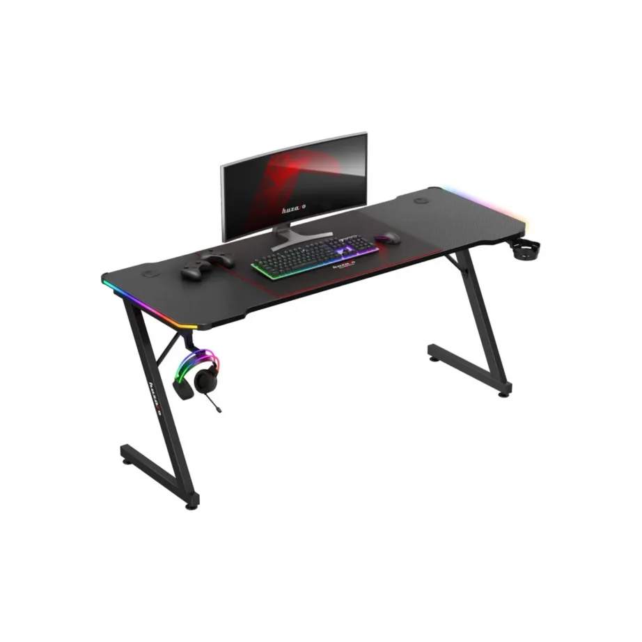 Huzaro Hero 4.8 RGB 160×60 cm must LED-valgustusega mängurilaud, kaugjuhtimispuldiga, sirge lauaplaat, joogitopsi- ja kõrvaklappide hoidjaga – 5