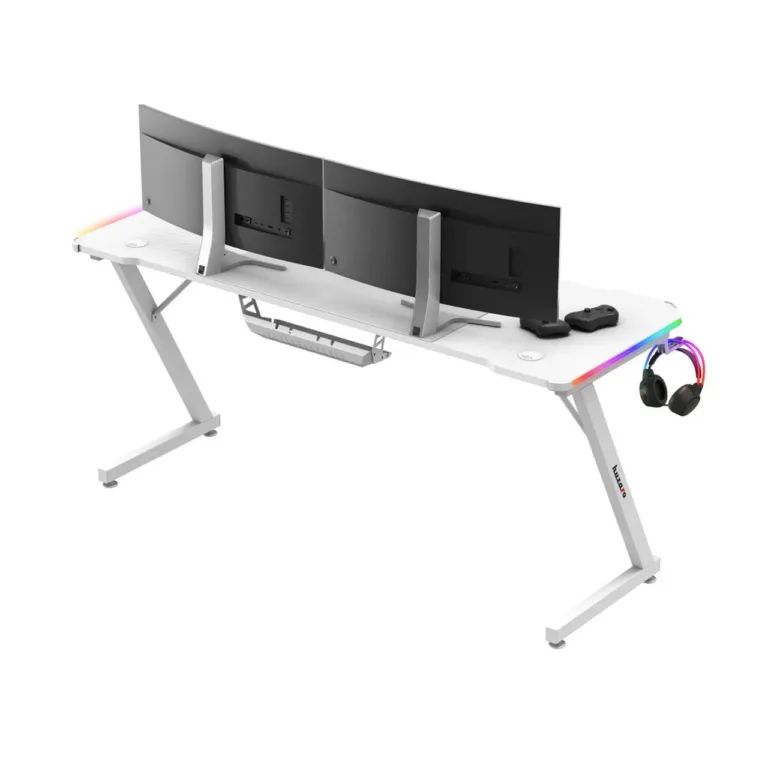 Huzaro Hero 4.8 RGB White 160x60 cm valge LED-valgustusega sirge arvutilaud mänguritele ja kodukontorisse, klapikonksu ja topsihoidjaga