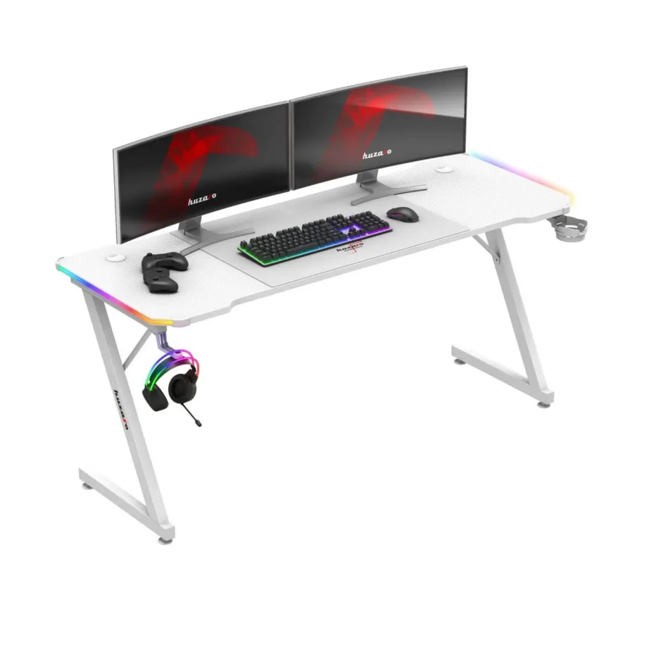 Huzaro Hero 4.8 RGB White 160×60 cm valge LED-valgustusega sirge arvutilaud mänguritele ja kodukontorisse, klapikonksu ja topsihoidjaga - 6