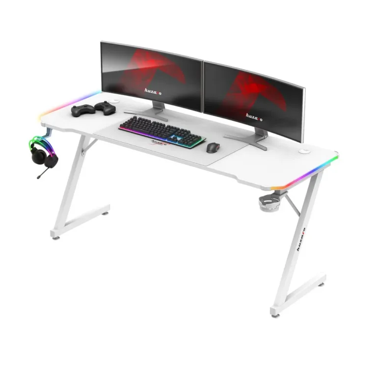 Huzaro Hero 4.8 RGB White 160x60 cm valge LED-valgustusega sirge arvutilaud mänguritele ja kodukontorisse, klapikonksu ja topsihoidjaga