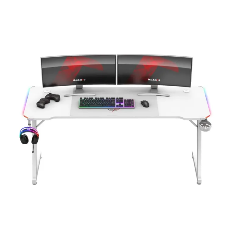 Huzaro Hero 4.8 RGB White 160x60 cm valge LED-valgustusega sirge arvutilaud mänguritele ja kodukontorisse, klapikonksu ja topsihoidjaga