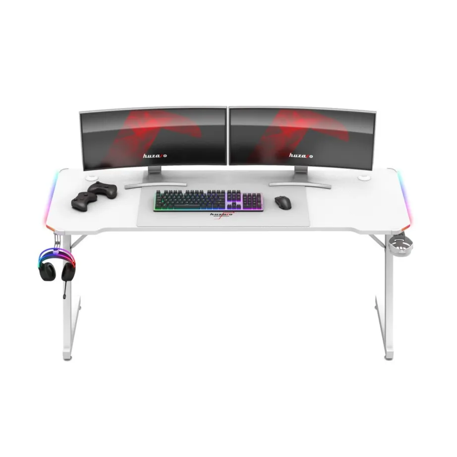 Huzaro Hero 4.8 RGB White 160×60 cm valge LED-valgustusega sirge arvutilaud mänguritele ja kodukontorisse, klapikonksu ja topsihoidjaga - 8