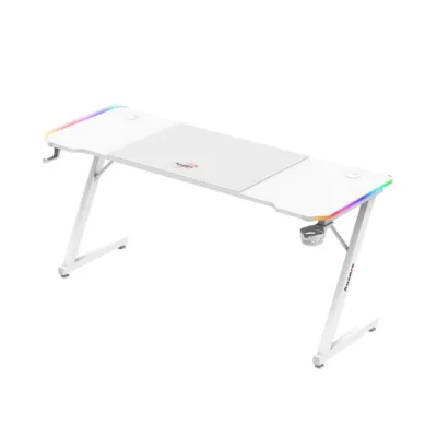 Huzaro Hero 4.8 RGB White 160x60 cm valge LED-valgustusega sirge arvutilaud mänguritele ja kodukontorisse, klapikonksu ja topsihoidjaga