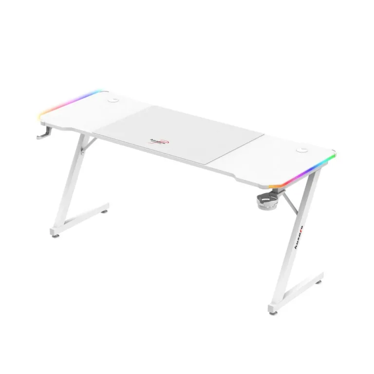 Huzaro Hero 4.8 RGB White 160x60 cm valge LED-valgustusega sirge arvutilaud mänguritele ja kodukontorisse, klapikonksu ja topsihoidjaga
