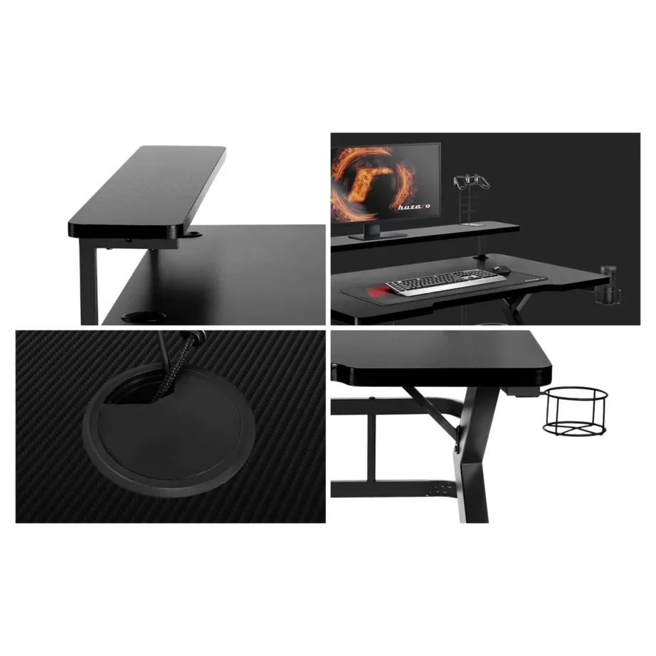 Huzaro Hero 5.0 120×60 cm must alumiiniumraamiga süsinikkiust mänguriarvutilaud kaablihalduse ja klapikonksuga – 4