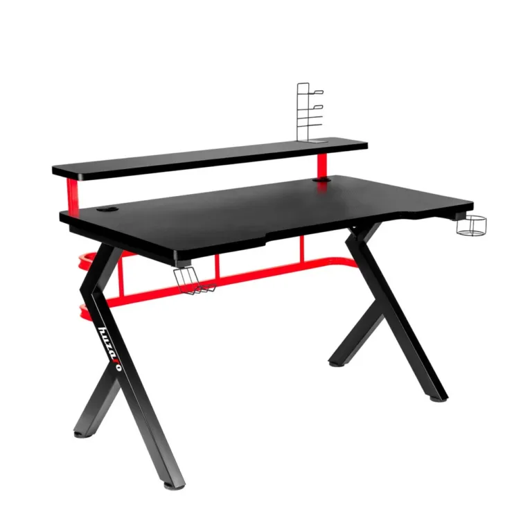 Huzaro Hero 5.0 120x60 cm must/punane alumiiniumraamiga mängurilaud süsinikkiust lauaplaadiga, kaablihalduse ja kõrvaklapikonksuga