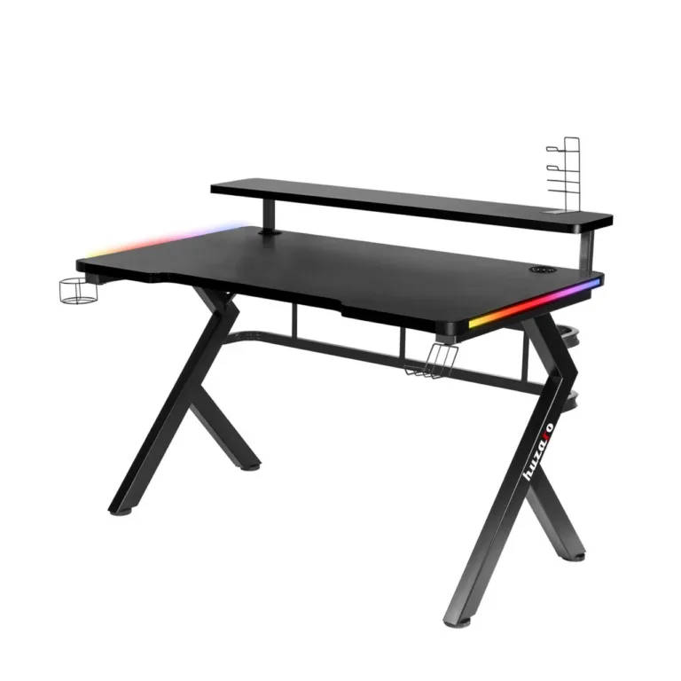 Huzaro Hero 5.0 RGB 120x60 cm must mängurilaud, terasraam, süsinikkiust lauaplaat, USB jaotur, LED-valgustus