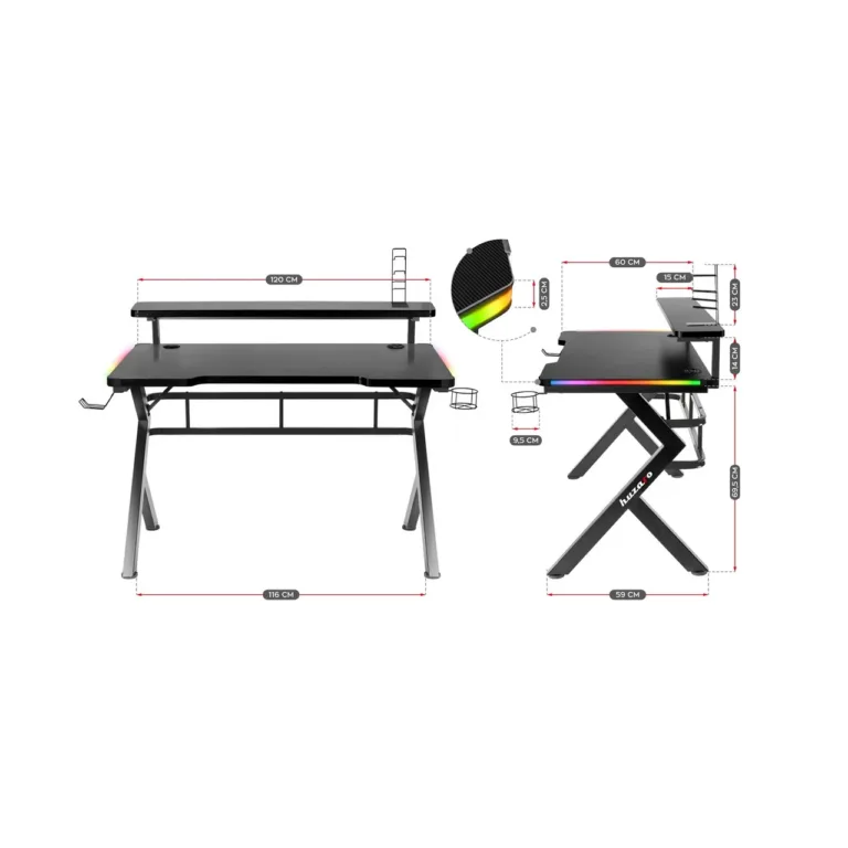Huzaro Hero 5.0 RGB 120x60 cm must mängurilaud, terasraam, süsinikkiust lauaplaat, USB jaotur, LED-valgustus