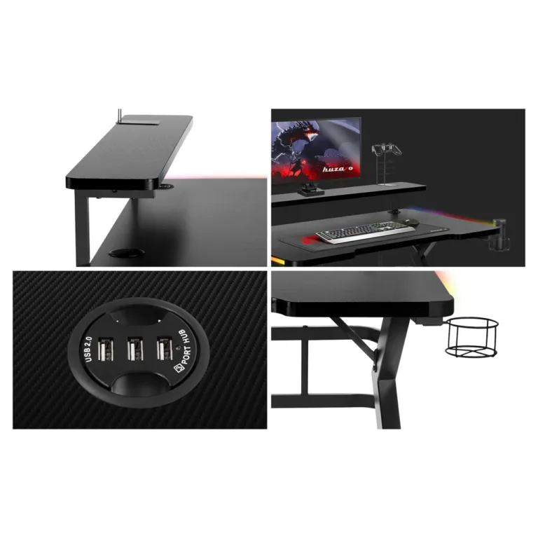 Huzaro Hero 5.0 RGB 120x60 cm must mängurilaud, terasraam, süsinikkiust lauaplaat, USB jaotur, LED-valgustus