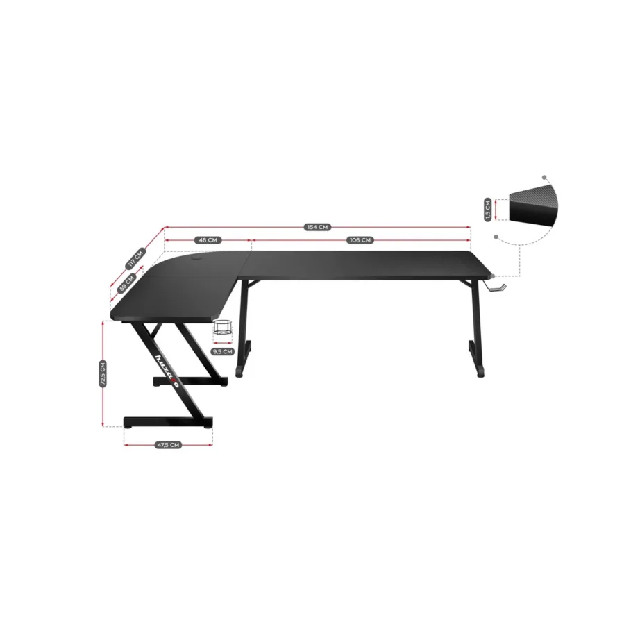 Huzaro Hero 7.0 154x117x72,5 cm must süsinikkiust nurgalaud alumiiniumraamiga, kaablite halduse ja kõrvaklappide konksuga – 3