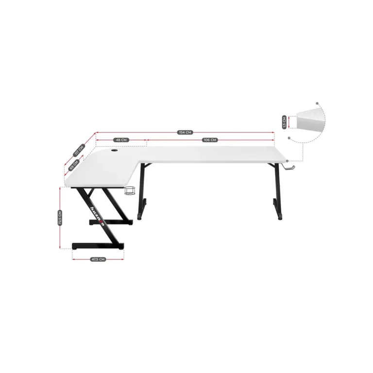 Huzaro Hero 7.0 White 154x117x72,5 cm valge nurgaga mängurilaud süsinikkiust lauaplaadi ja alumiiniumraamiga