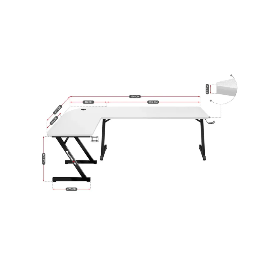 Huzaro Hero 7.0 White 154x117x72,5 cm valge nurgaga mängurilaud süsinikkiust lauaplaadi ja alumiiniumraamiga – 4