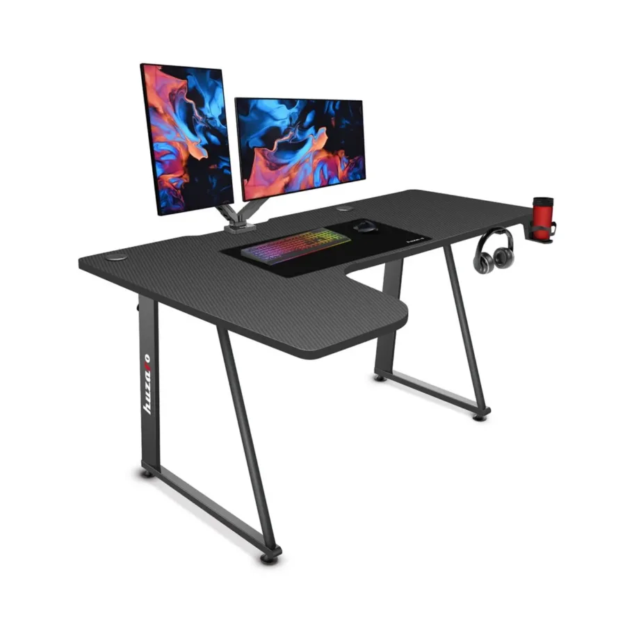 Huzaro Hero 7.7 nurga arvutilaud 160×100 cm must, metallraamiga, karbonmustriga, topsihoidja ja kaablite haldusega