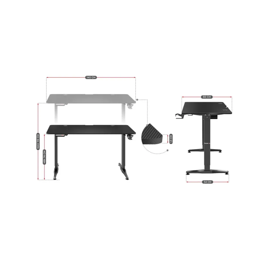 Huzaro Hero 8.5 140×60 cm must elektriliselt reguleeritava kõrgusega mängurilaud LED-paneeliga, alumiiniumraam, MDF-plaadiga - 8
