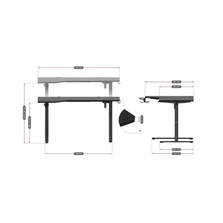 Huzaro Hero 9.1 L-kujuline 119x85 cm elektriliselt reguleeritav must mänguri- ja kontorilaud, MDF, metallraam, USB/USB-C laadimine, 80 kg kandevõime