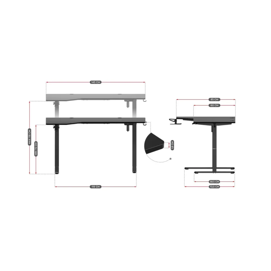 Huzaro Hero 9.1 L-kujuline 119×85 cm elektriliselt reguleeritav must mänguri- ja kontorilaud, MDF, metallraam, USB/USB-C laadimine, 80 kg kandevõime – 7
