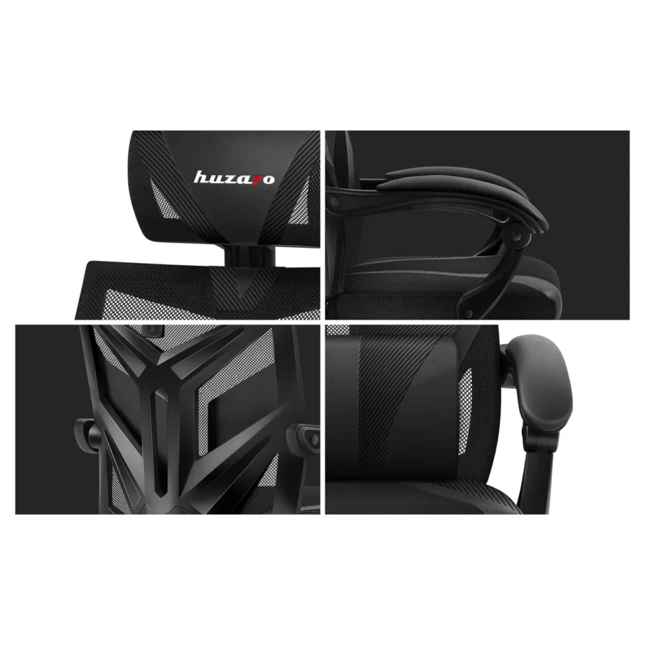 Huzaro HZ-Combat 5.0 must 61 cm lai nailonvõrguga ergonoomiline mänguritool jalatoe ja nimmepadja, 140 kg kandevõimega – 2