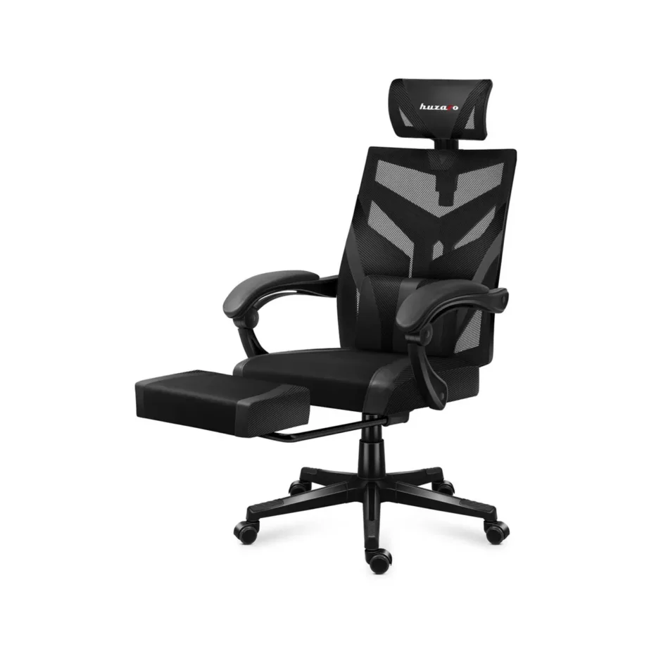 Huzaro HZ-Combat 5.0 must 61 cm lai nailonvõrguga ergonoomiline mänguritool jalatoe ja nimmepadja, 140 kg kandevõimega – 8