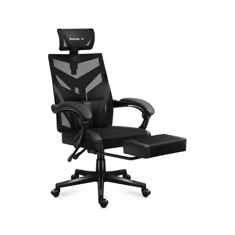 Huzaro HZ-Combat 5.0 must 61 cm lai nailonvõrguga ergonoomiline mänguritool jalatoe ja nimmepadja, 140 kg kandevõimega
