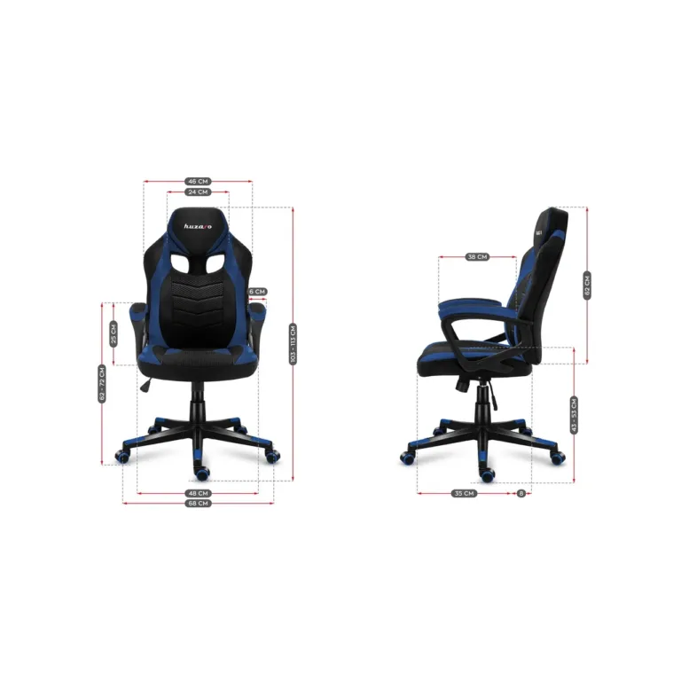 Huzaro HZ-Force 2.5 Blue 68 cm laiune ergonoomiline mänguritool hingava võrkkangast istmega, must-sinine, reguleeritava kõrgusega, pehme käetoega, kandevõime kuni 140 kg