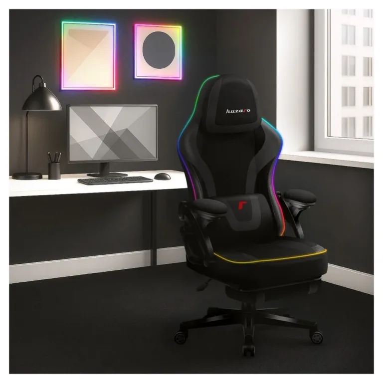 Huzaro HZ-FORCE 4.6 64x56x129 cm must ergonoomiline mänguritool jalatoe ja kangast kattega, RGB valgustusega, 130 kg kandevõimega
