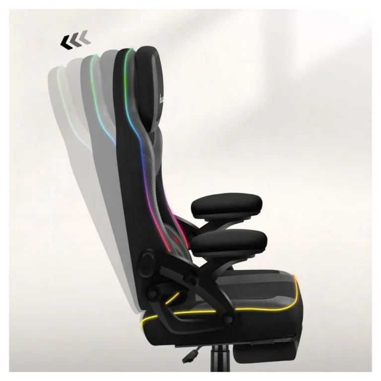Huzaro HZ-FORCE 4.6 64x56x129 cm must ergonoomiline mänguritool jalatoe ja kangast kattega, RGB valgustusega, 130 kg kandevõimega