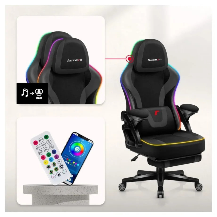 Huzaro HZ-FORCE 4.6 64x56x129 cm must ergonoomiline mänguritool jalatoe ja kangast kattega, RGB valgustusega, 130 kg kandevõimega – 4