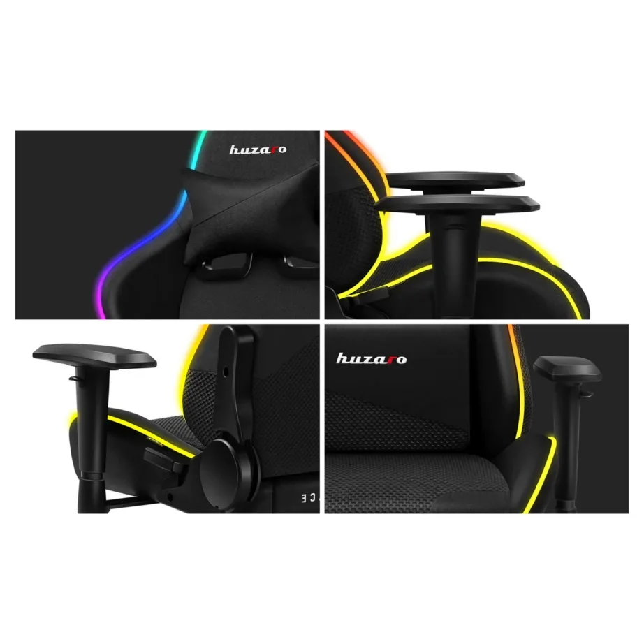 Huzaro HZ-Force 6.2 Mesh RGB 70 cm laiune must ergonoomiline mänguritool, reguleeritava kõrgusega (44–53,5 cm), hingav võrkkangas, USB RGB valgustus, terasraam, max 130 kg – 2