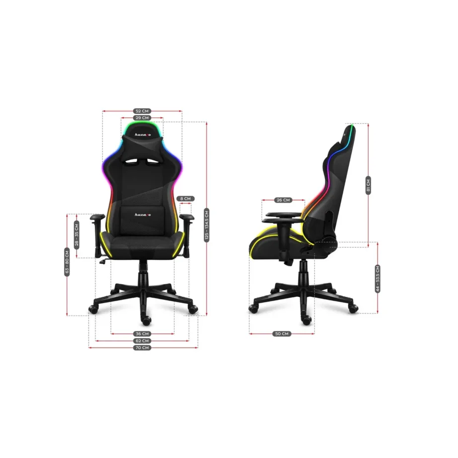 Huzaro HZ-Force 6.2 Mesh RGB 70 cm laiune must ergonoomiline mänguritool, reguleeritava kõrgusega (44–53,5 cm), hingav võrkkangas, USB RGB valgustus, terasraam, max 130 kg – 3