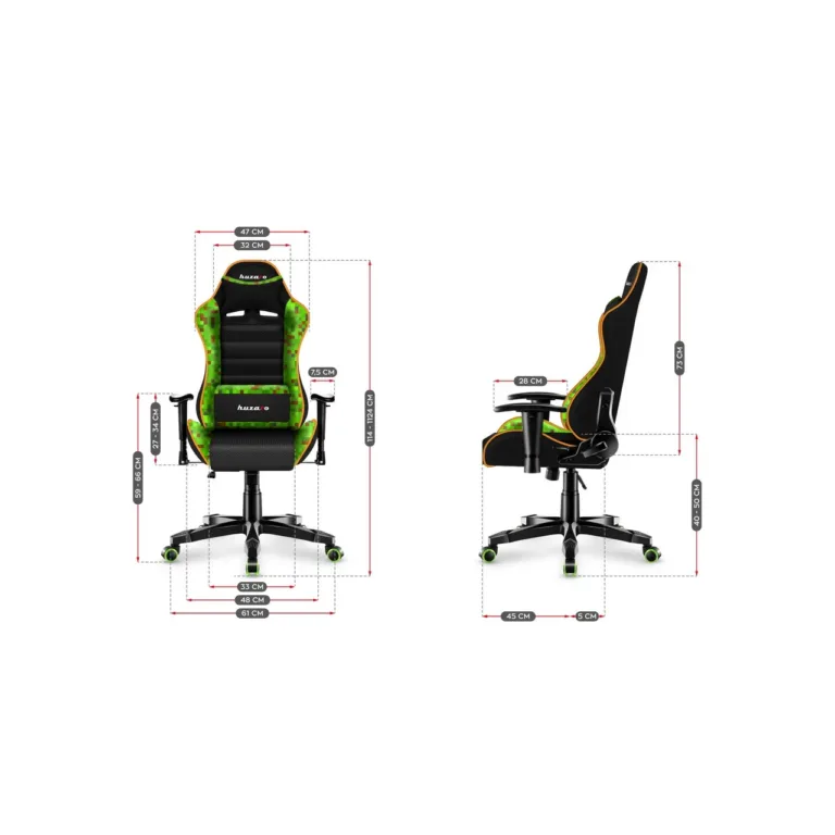 Huzaro HZ-Ranger 6.0 Pixel Mesh 61x50x109–119 cm laste must/roheline ergonoomiline kangast mänguritool, terasraamiga, 2D käetugede ja kallutuslukuga, maksimaalne kasutaja 160 cm/130 kg