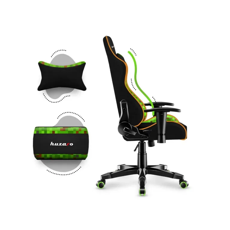 Huzaro HZ-Ranger 6.0 Pixel Mesh 61x50x109–119 cm laste must/roheline ergonoomiline kangast mänguritool, terasraamiga, 2D käetugede ja kallutuslukuga, maksimaalne kasutaja 160 cm/130 kg