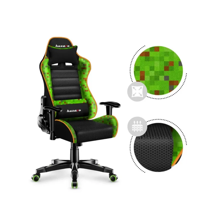 Huzaro HZ-Ranger 6.0 Pixel Mesh 61x50x109–119 cm laste must/roheline ergonoomiline kangast mänguritool, terasraamiga, 2D käetugede ja kallutuslukuga, maksimaalne kasutaja 160 cm/130 kg