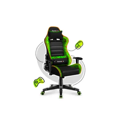 Huzaro HZ-Ranger 6.0 Pixel Mesh 61x50x109–119 cm laste must/roheline ergonoomiline kangast mänguritool, terasraamiga, 2D käetugede ja kallutuslukuga, maksimaalne kasutaja 160 cm/130 kg