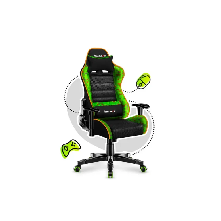 Huzaro HZ-Ranger 6.0 Pixel Mesh 61x50x109–119 cm laste must/roheline ergonoomiline kangast mänguritool, terasraamiga, 2D käetugede ja kallutuslukuga, maksimaalne kasutaja 160 cm/130 kg
