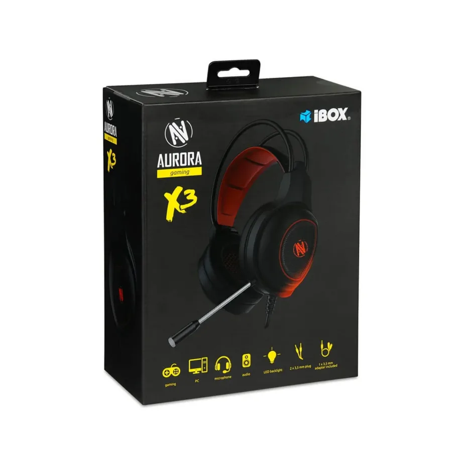 I-BOX SHPIX3MV X3 345 g juhtmega punased/mustad mängurikõrvaklapid mikrofoniga, 2 m kaabel, 3,5 mm ja USB – 5