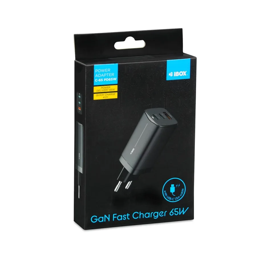 iBOX C-65 ILUC65B 65W must universaalne GaN USB-C ja USB-A siseruumilaadija (3x USB, AC toiteallikas, 100–240V, kaabel komplektis) – 5