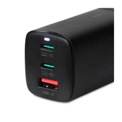 iBOX C-65 ILUC65B 65W must universaalne GaN USB-C ja USB-A siseruumilaadija (3x USB, AC toiteallikas, 100–240V, kaabel komplektis)