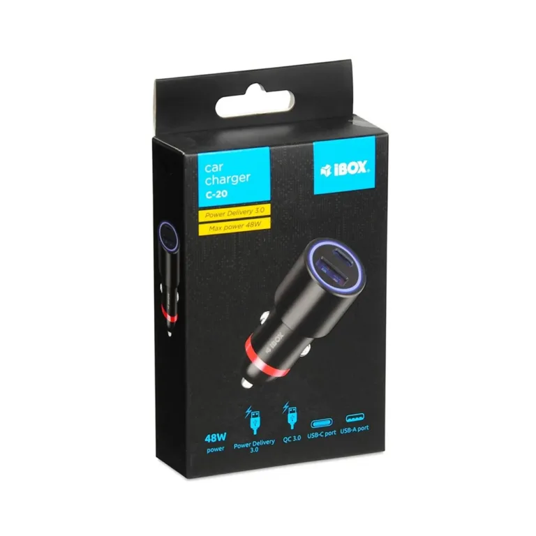 iBox ICC20 60W USB-C/USB-A autolaadija kiirlaadimisega, must, LED-indikaator, nutitelefonidele, tahvelarvutitele ja nutikelladele