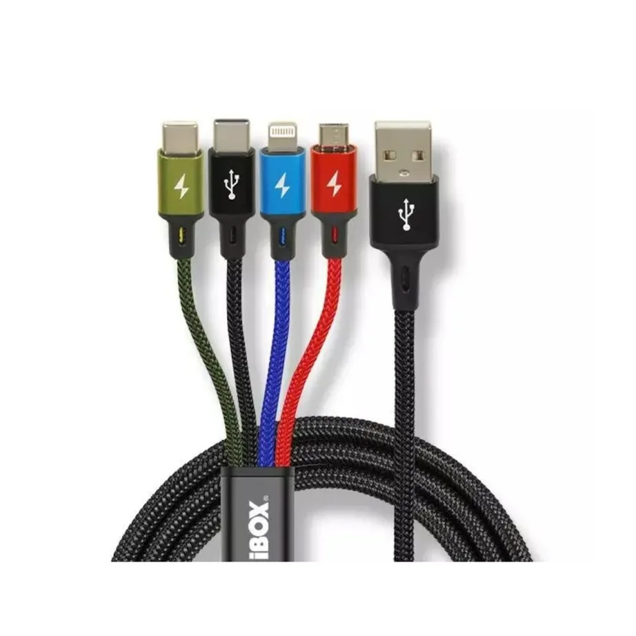 IBOX IKUM4W1CLR 1,2 m must nailonist 4-ühes USB-A laadimiskaabel (2xUSB-C, microUSB, Lightning), 2A