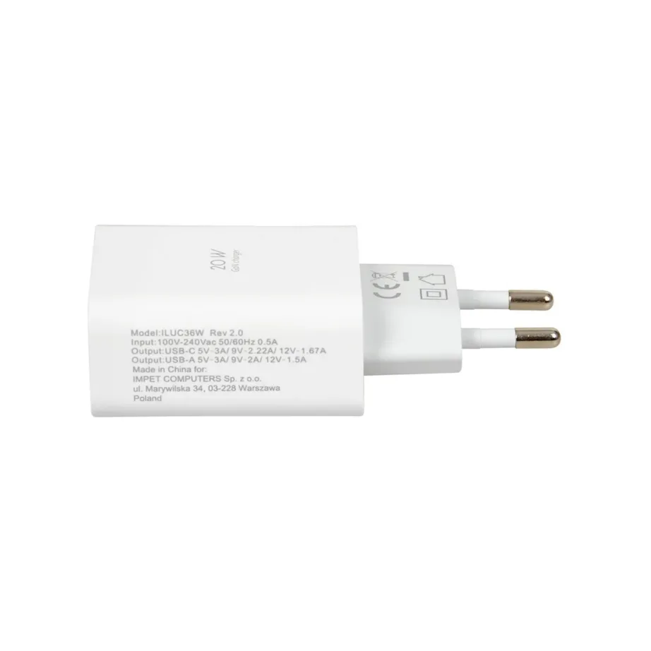 iBOX ILUC36W C-36 valge 20W GaN kiirlaadijaga seinalaadija USB-C PD 3.0 ja USB-A, universaalne, komplektis USB-C kaabel – 2