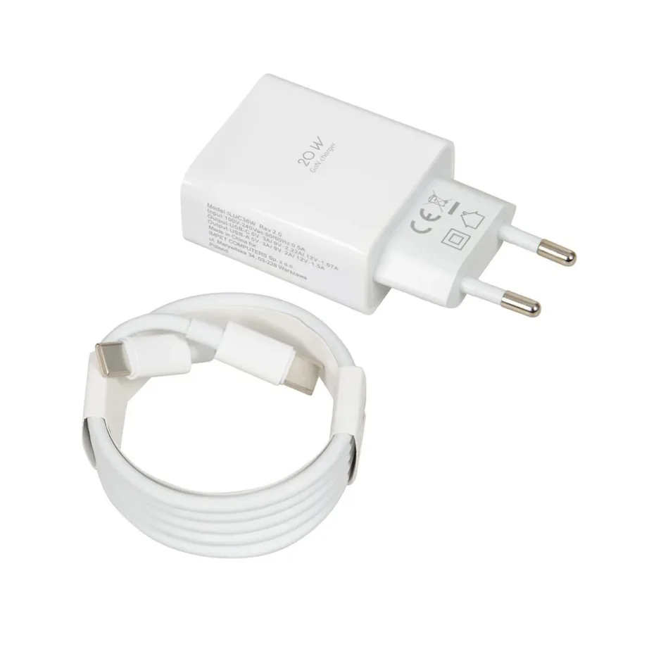 iBOX ILUC36W C-36 valge 20W GaN kiirlaadijaga seinalaadija USB-C PD 3.0 ja USB-A, universaalne, komplektis USB-C kaabel – 3
