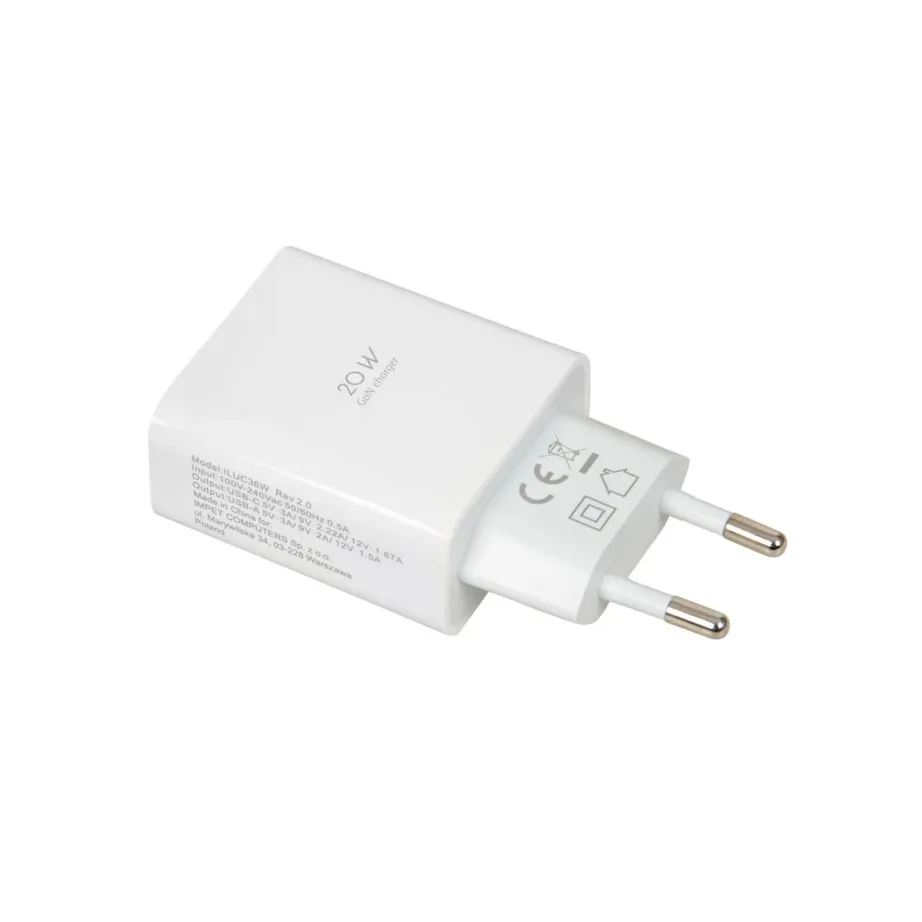 iBOX ILUC36W C-36 valge 20W GaN kiirlaadijaga seinalaadija USB-C PD 3.0 ja USB-A, universaalne, komplektis USB-C kaabel – 5