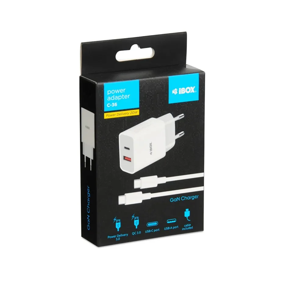 iBOX ILUC36W C-36 valge 20W GaN kiirlaadijaga seinalaadija USB-C PD 3.0 ja USB-A, universaalne, komplektis USB-C kaabel – 6