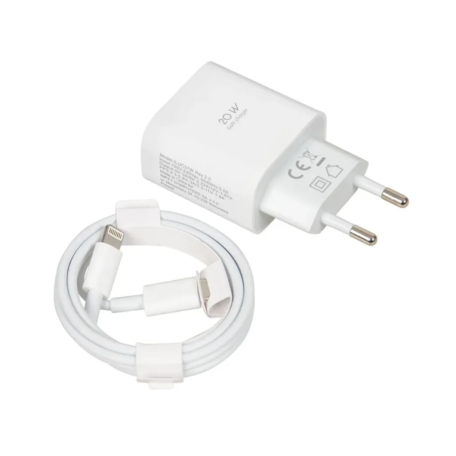 iBOX ILUC37W C-37 20W valge GaN USB-C seinalaadija, PD 3.0 kiirlaadimise, turvakaitsete ja USB-C/Lightning kaabliga – 3