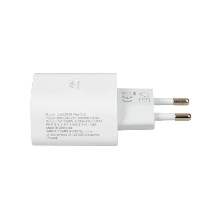 iBOX ILUC37W C-37 20W valge GaN USB-C seinalaadija, PD 3.0 kiirlaadimise, turvakaitsete ja USB-C/Lightning kaabliga