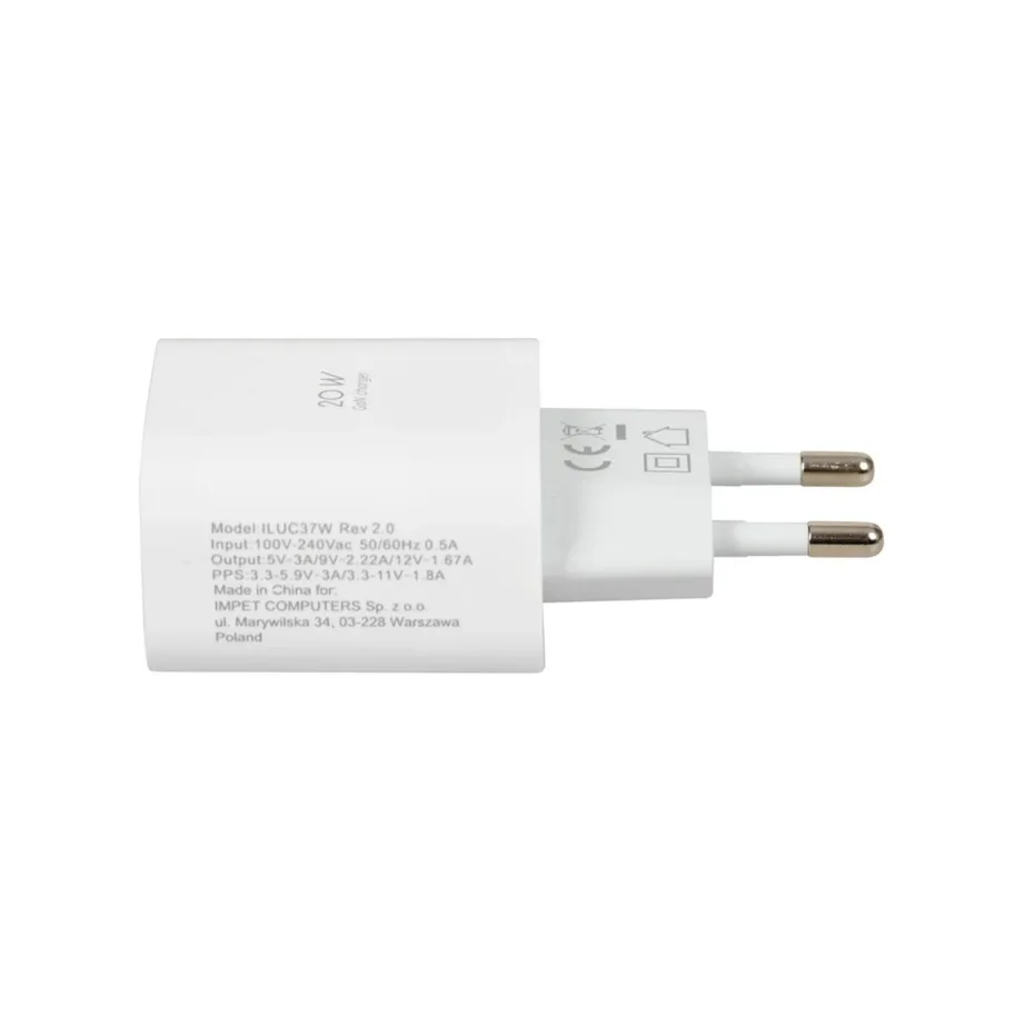 iBOX ILUC37W C-37 20W valge GaN USB-C seinalaadija, PD 3.0 kiirlaadimise, turvakaitsete ja USB-C/Lightning kaabliga – 6