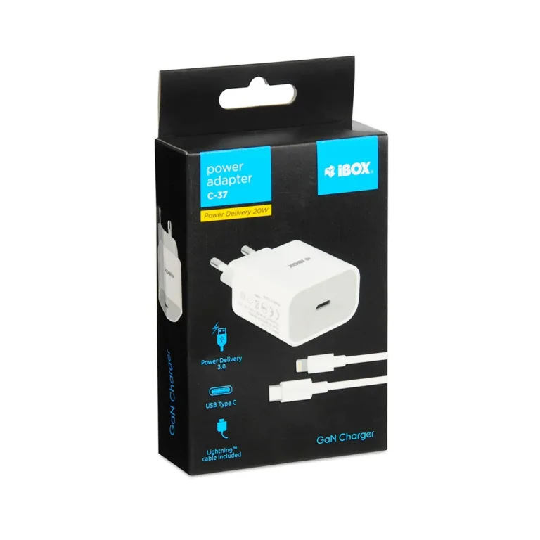 iBOX ILUC37W C-37 20W valge GaN USB-C seinalaadija, PD 3.0 kiirlaadimise, turvakaitsete ja USB-C/Lightning kaabliga