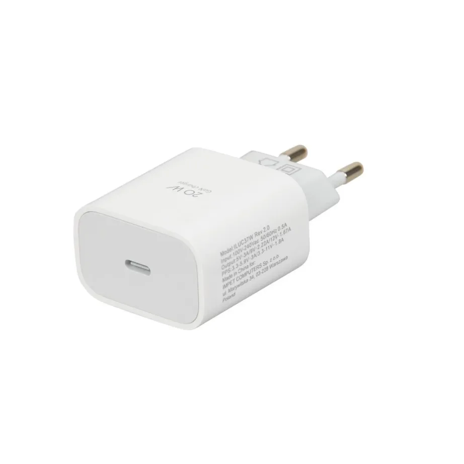 iBOX ILUC37W C-37 20W valge GaN USB-C seinalaadija, PD 3.0 kiirlaadimise, turvakaitsete ja USB-C/Lightning kaabliga