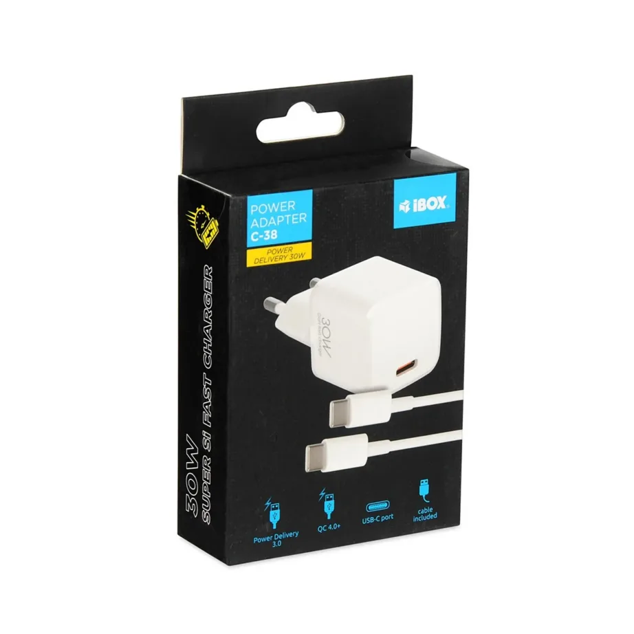 IBOX ILUC38CW 30W USB-C PD 3.0 valge seinalaadija, QuickCharge, universaalne, 1 USB-C port ja USB-C/USB-C kaabel kaasas – 5