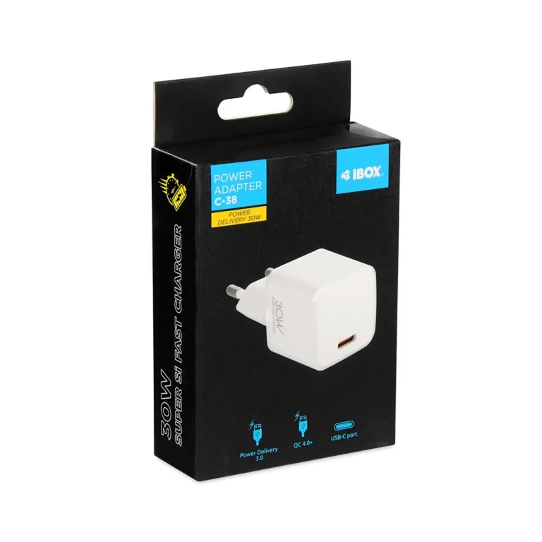 iBOX ILUC38W C-38 30W valge USB-C seinalaadija PD 3.0 ja QC 3.0 kiirlaadimisega, universaalne